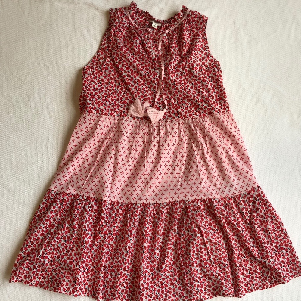 J. Crew: Red floral breezy cotton sleeveless flowy tiered dress, size sm…